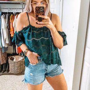 love, Fire 🔥 Emerald Cold Shoulder Lace Top